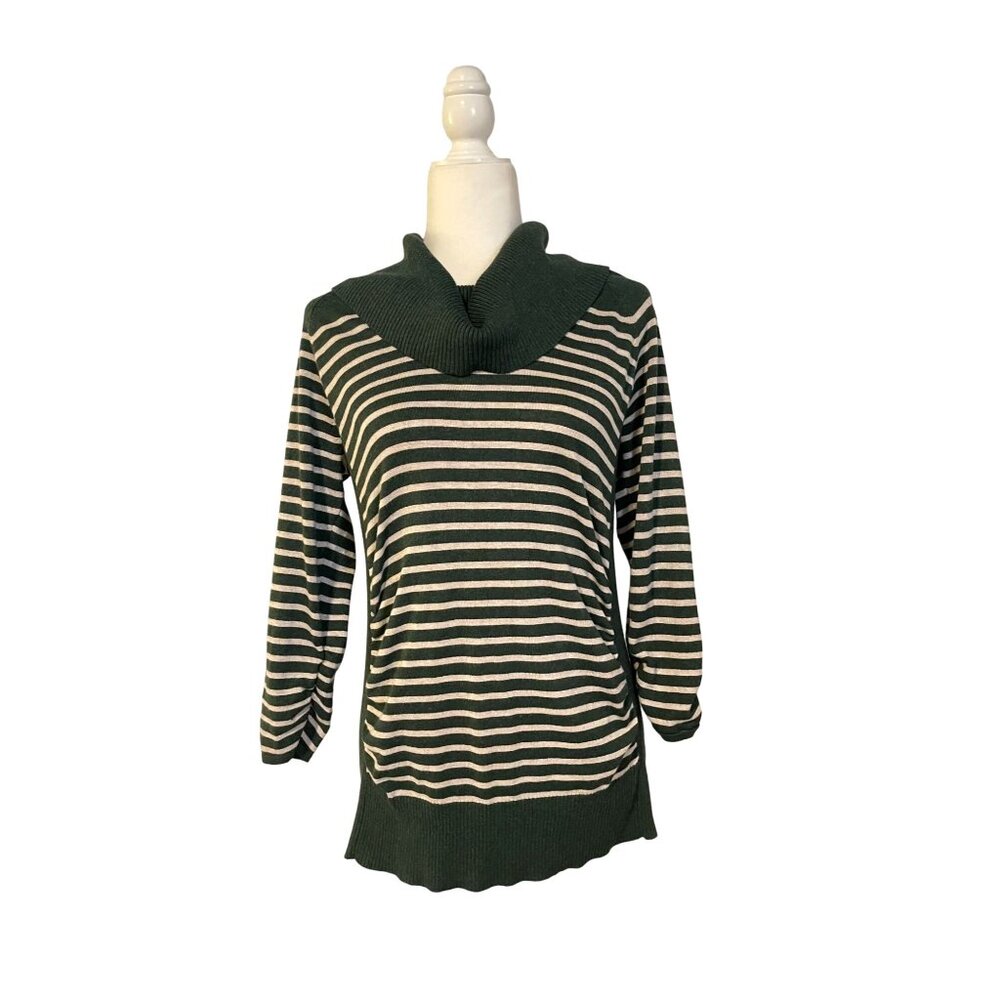 89th & Madison Green & White Striped Sweater With Cowl Neck & 3/4 Sleeves